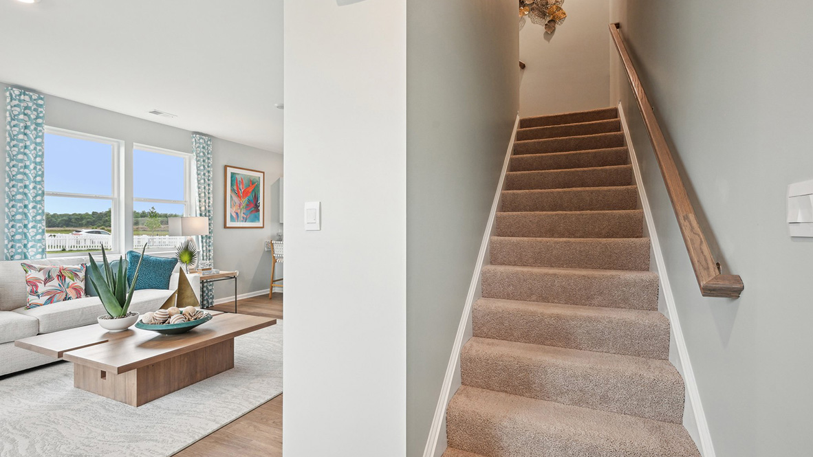 The stairway is located in the front of the home.