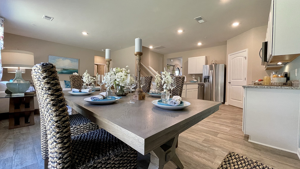 The kitchen flows nicely into the dining area.