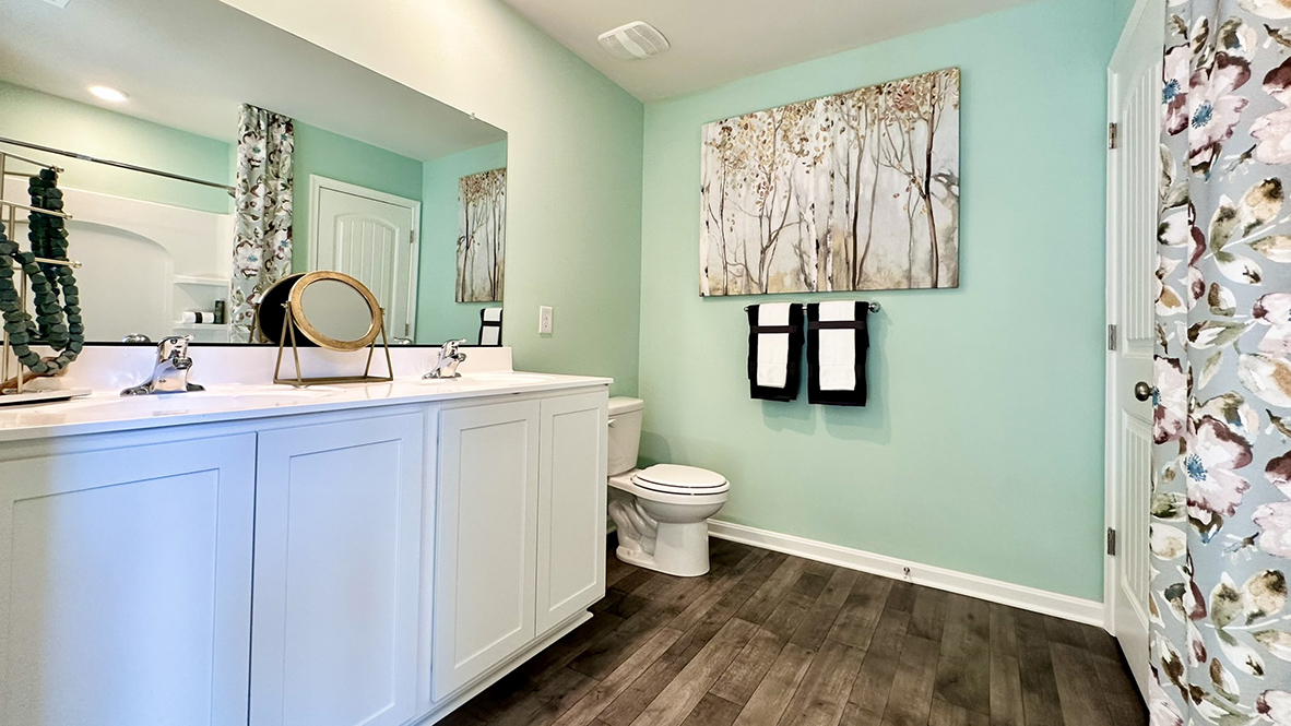 A double-bowl vanity adorns the primary bathroom.
