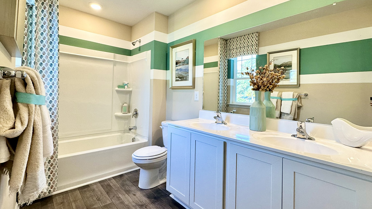 A guest bedroom has a double-bowl vanity, toilet, and shower tub.