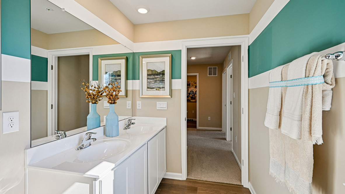 A double-bowl vanity adorns the primary bathroom.