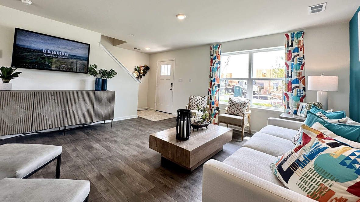 The open-concept floorplan allows the family room to flow easily into the eat-in kitchen.