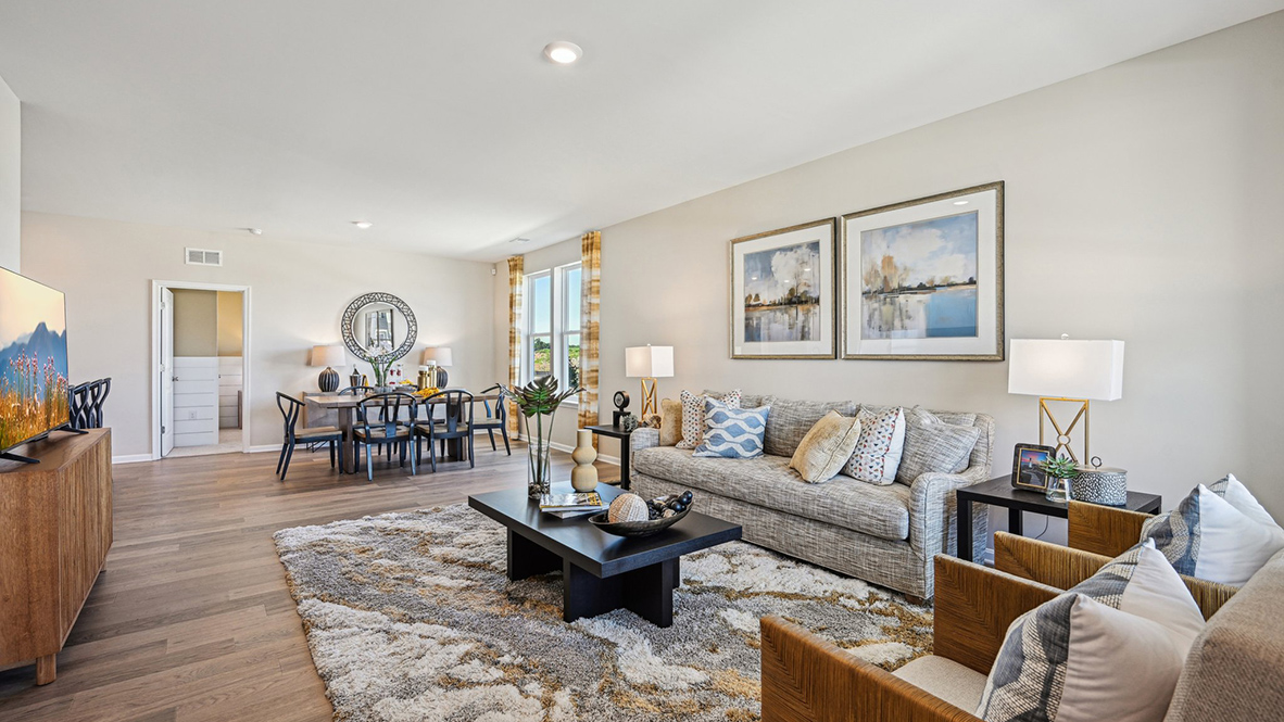 The expansive great room flows seamlessly into the kitchen.