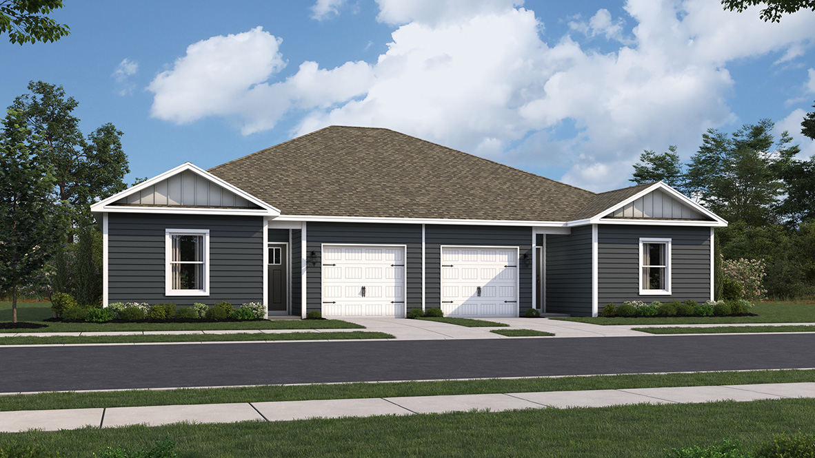 A rendering of the Sullivan twin home with dark siding.