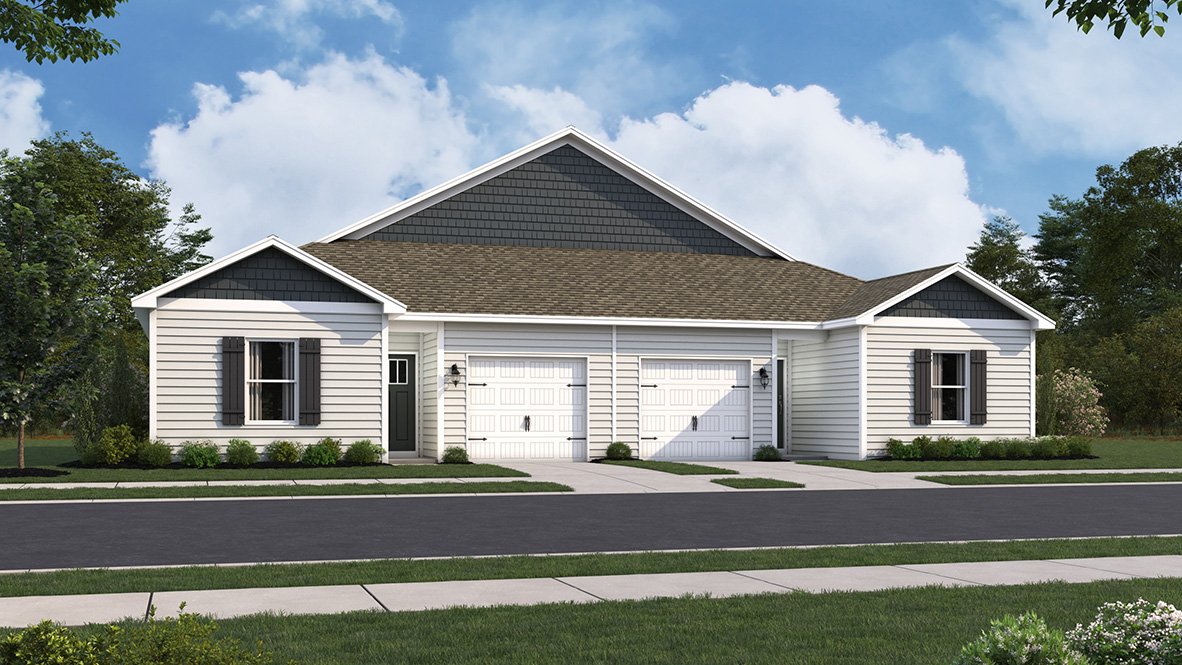 A rendering of a Sullivan twin villa with white siding.