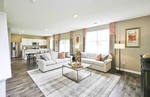 Galen open-concept living, dining and kitchen.