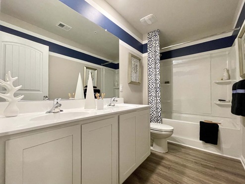 Bathroom with double-bowl vanity.