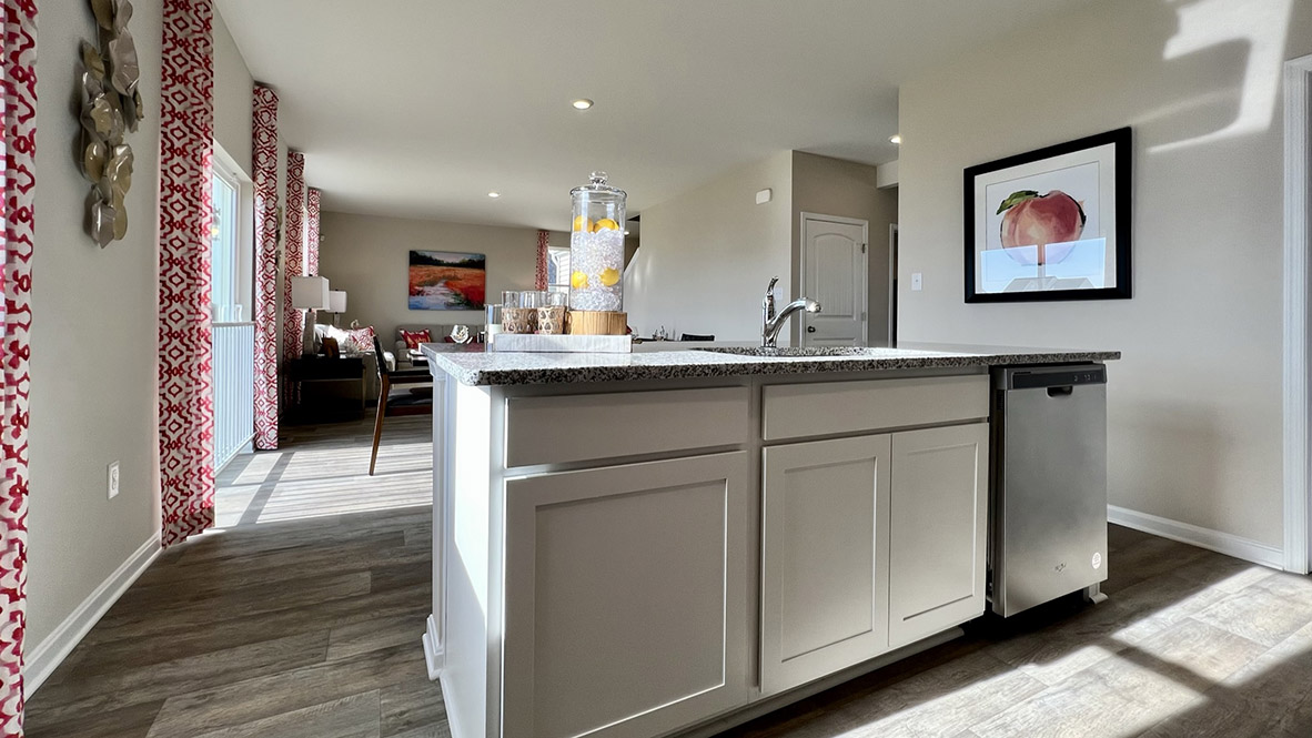 The well-designed gourmet kitchen features beautiful quartz countertops.