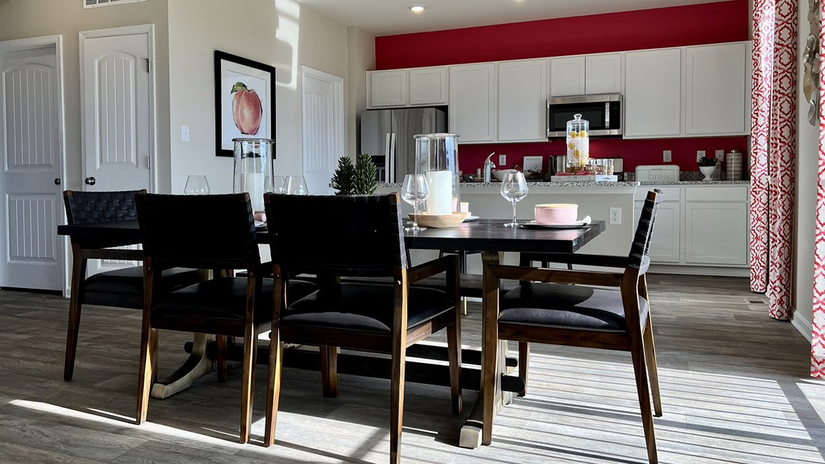 The kitchen flows seamlessly into the dining space and the sizeable great room.