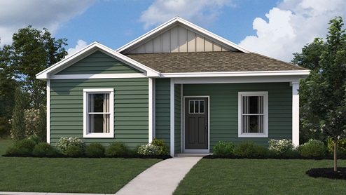 A rendering of the Perry model home with green siding.