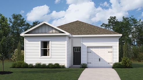 A rendering of the Sullivan model home with white siding.
