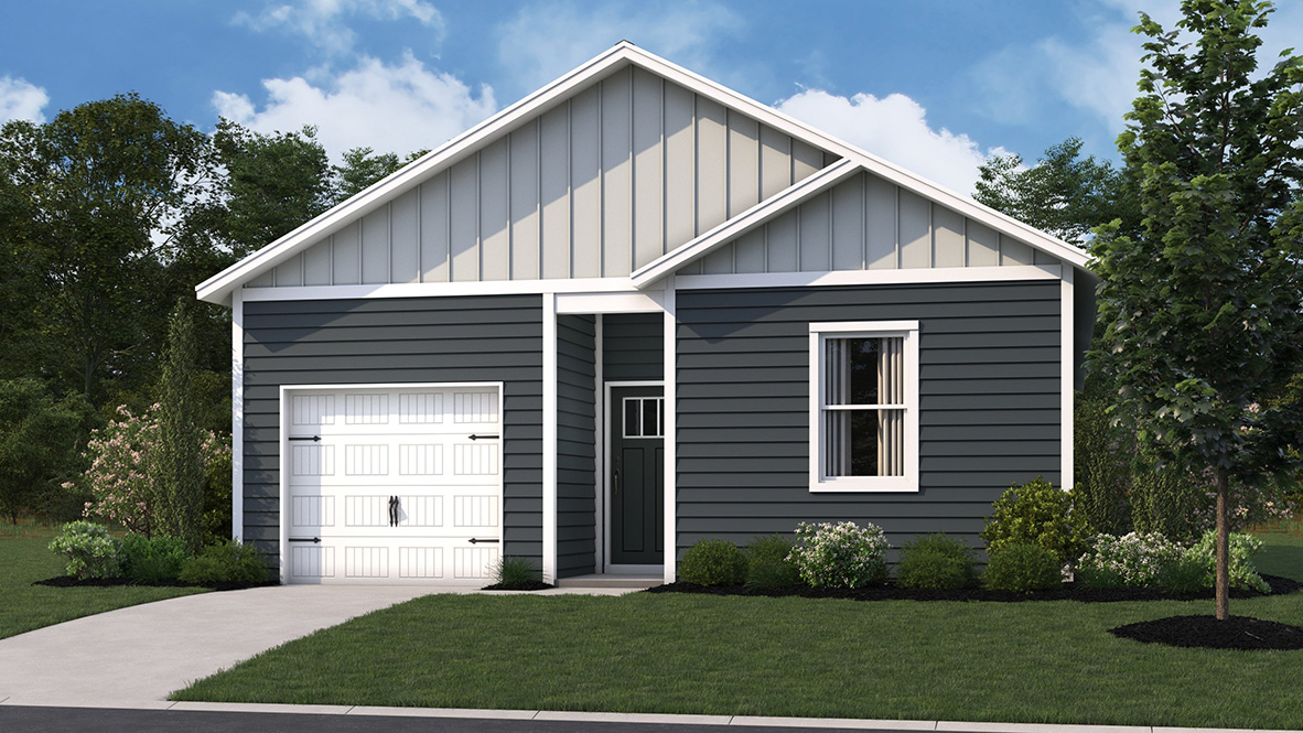 A rendering of a cottage-style Helena ranch home with gray siding.
