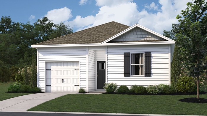 A rendering of the Helena home with white siding and a one-car garage.