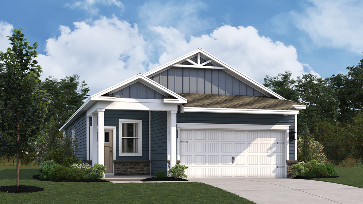 A rendering of the Bowen ranch home with gray siding.