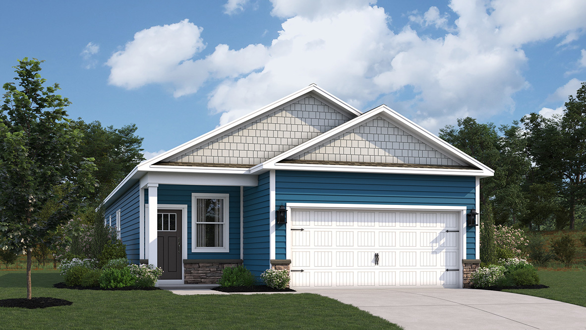 A rendering of the Bowen ranch home with blue siding.
