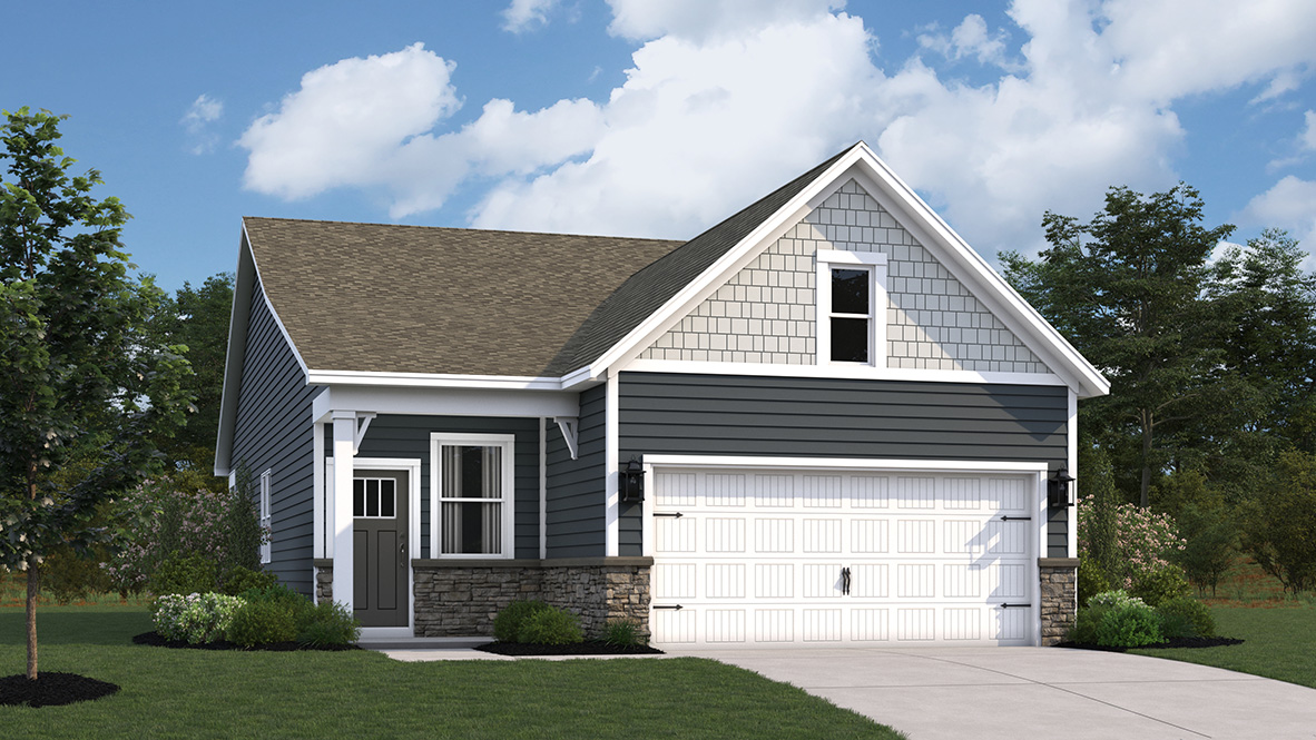 A rendering of the Bowen ranch home with navy siding.