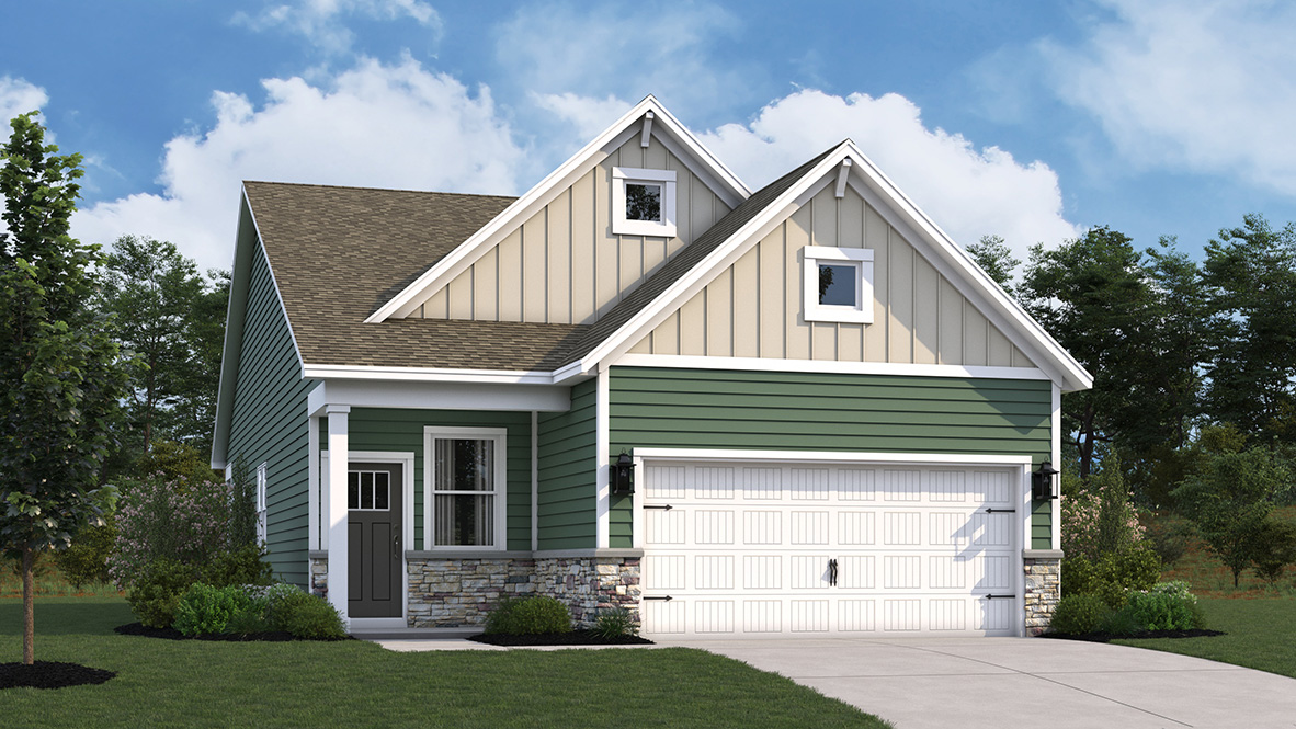 A rendering of the Bowen ranch home with green siding.