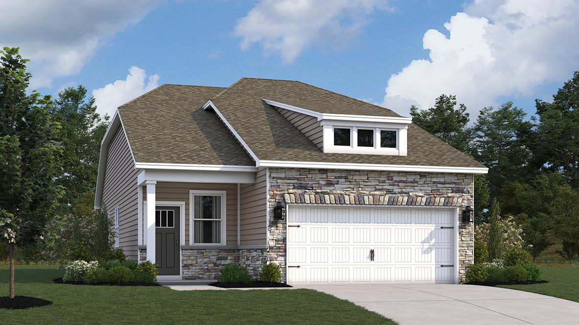 A rendering of the Bowen ranch home with tan siding.