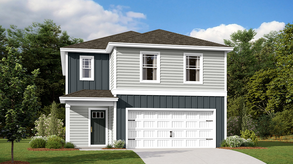 A rendering of the Cabral two-story home with gray siding.