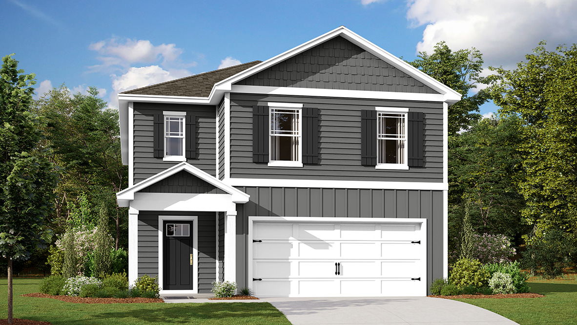 A rendering of the Elm two-story home with gray siding.