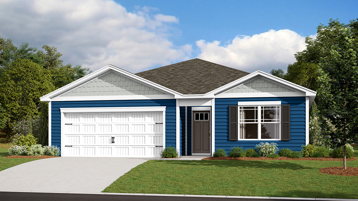 A rendering of a Cali ranch home with blue siding.