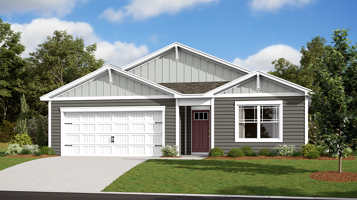 A rendering of a Cali ranch home with gray siding.