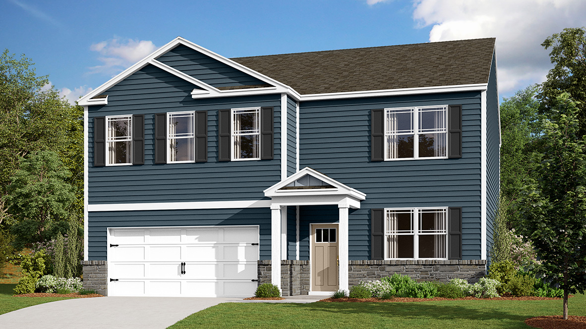 A rendering of a two-story Hayden home with blue siding.