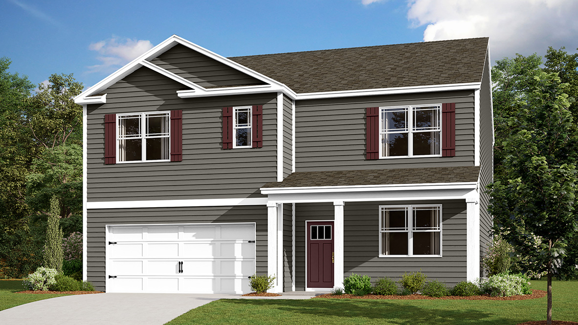 A rendering of a two-story Hayden home with gray siding.