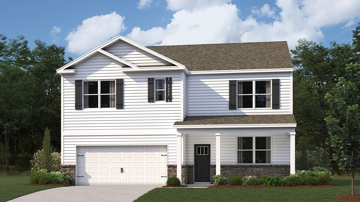 A rendering of a two-story Hayden home with white siding.