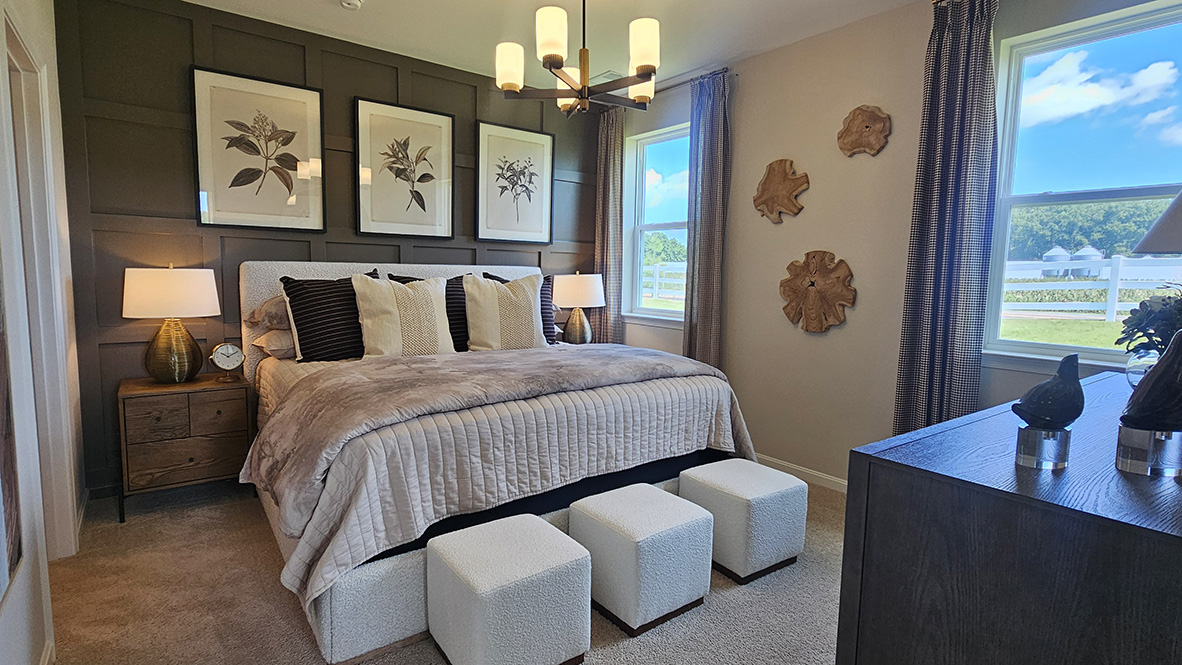 Serene bedroom with nature-inspired decor.