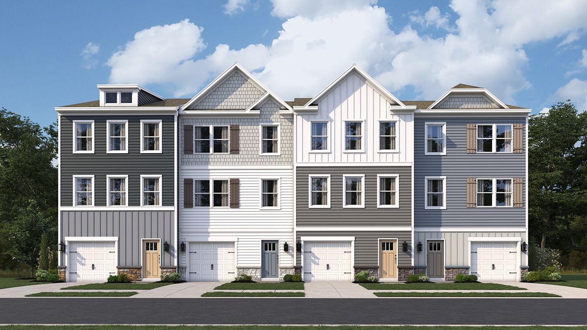 A rendering of a row of three-story Lafayette townhomes.