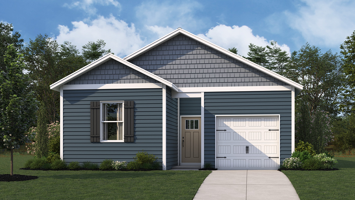 The exterior of a one-story Sullivan home with blue siding.