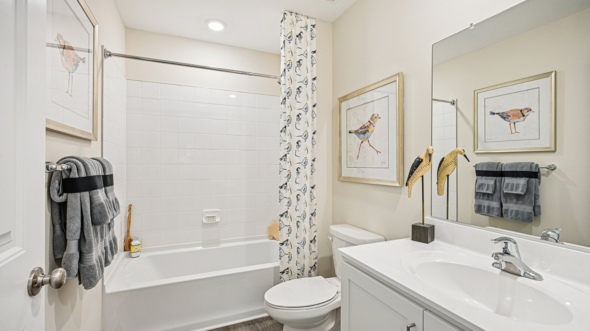 The guest bathroom includes a vanity, toilet, and shower tub.
