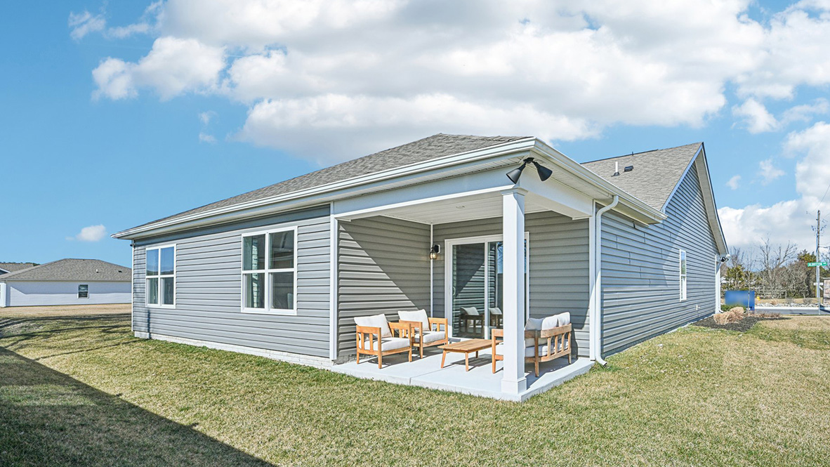 The Cali has a large covered patio on the back of the home.