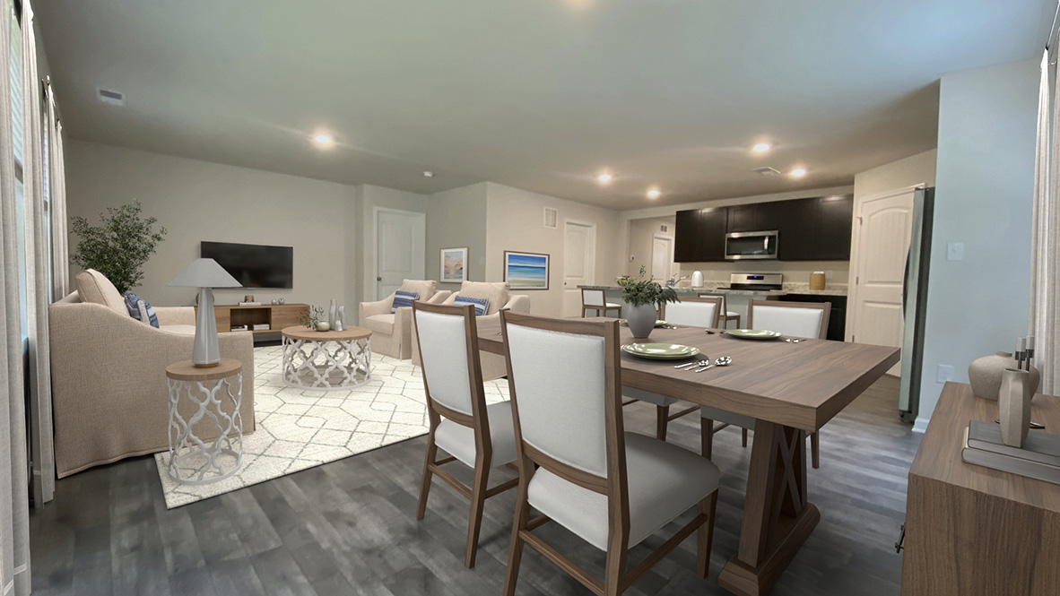 Lismore open floor plan from kitchen leading to living area.