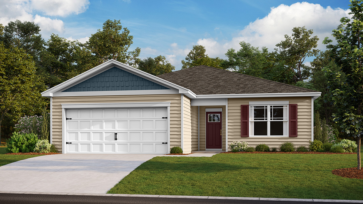 A rendering of a Lismore home with tan siding and maroon shutters.