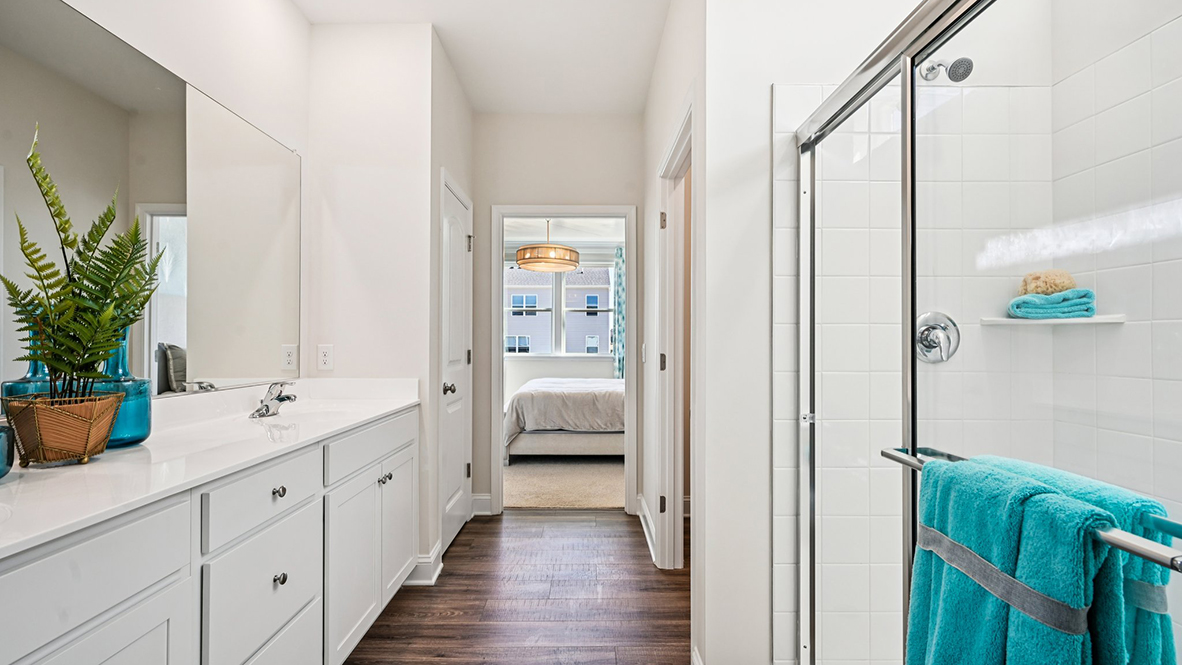 The large primary bedroom has a private bathroom.