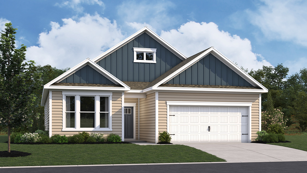 The Bristol Coastal F ranch home with yellow siding.