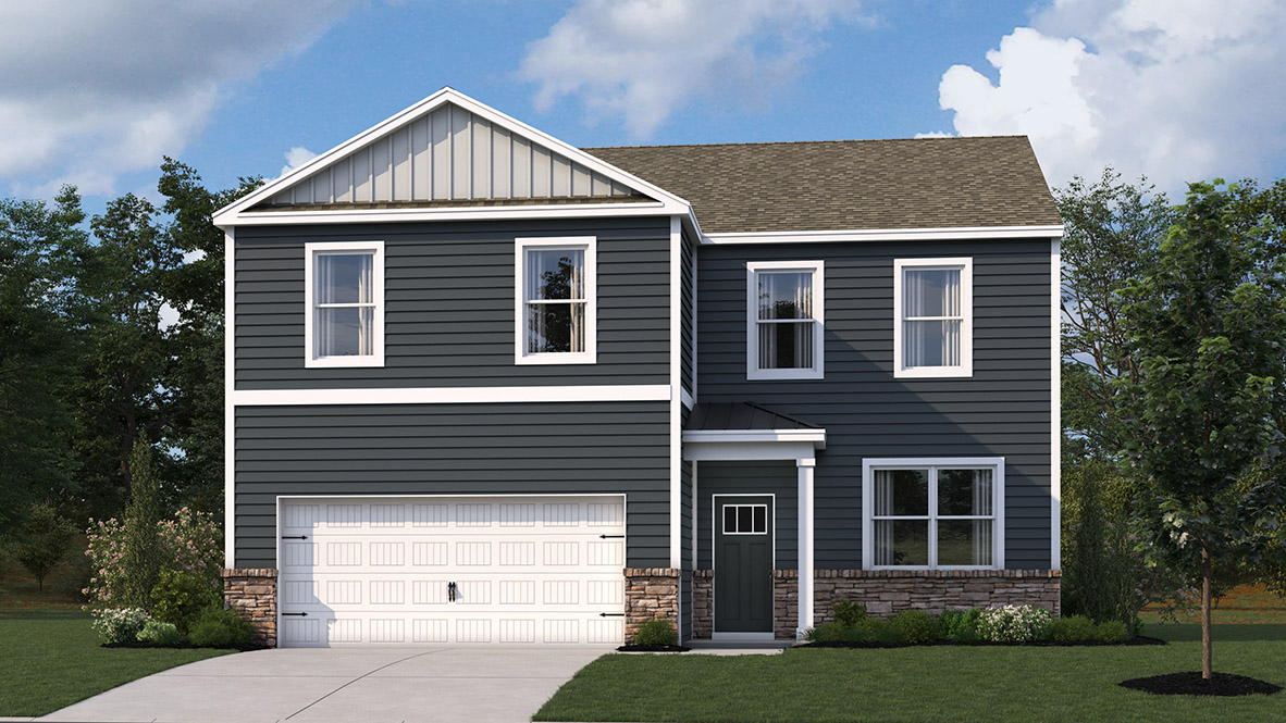 A rendering of a Galen home with dark blue siding.