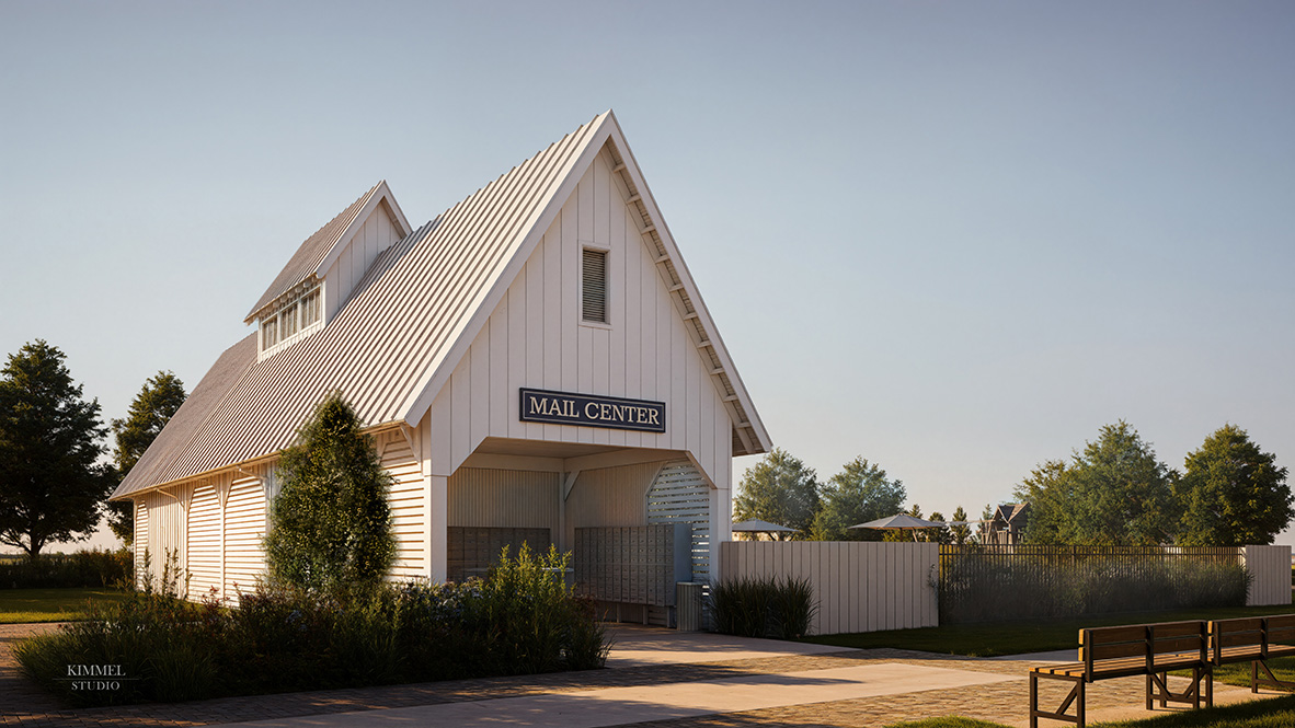 A rendering of the mail center amenity.