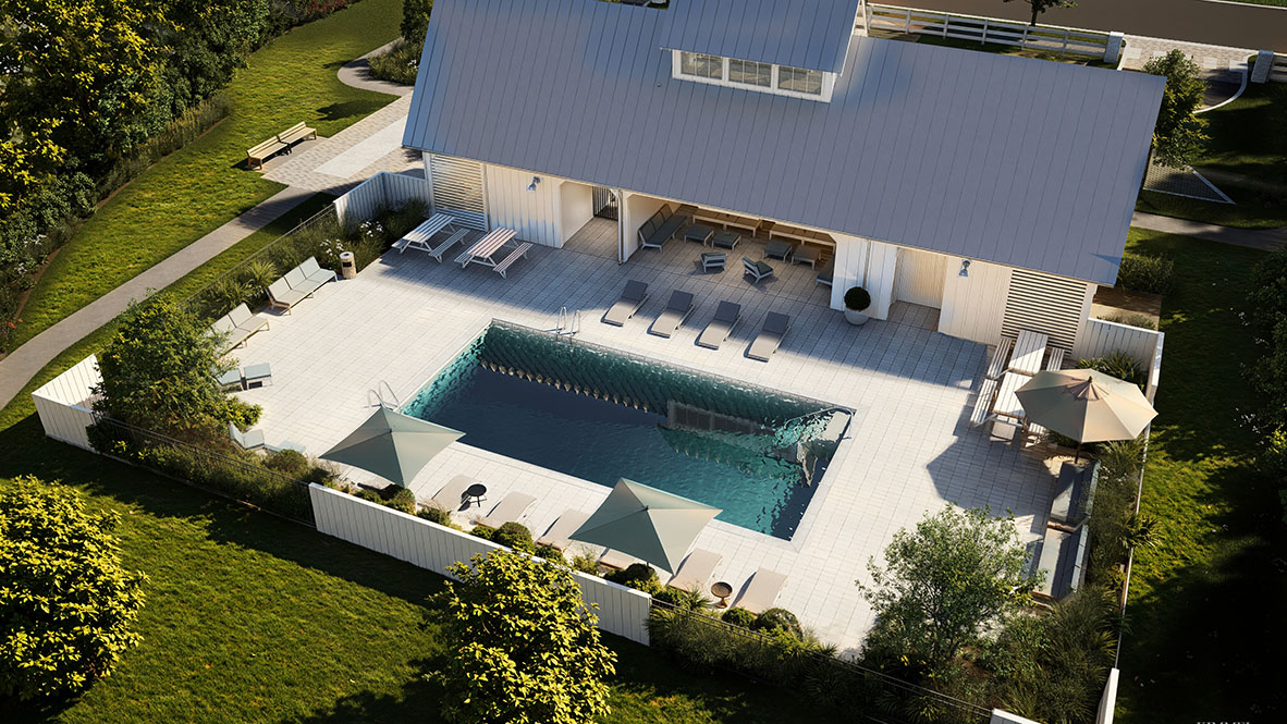 A rendering of the outdoor pool amenity.