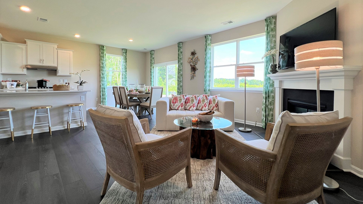 The large living area overlooks the kitchen.