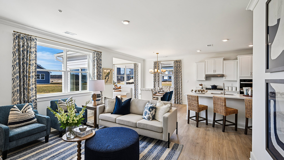 The large living area overlooks the kitchen.