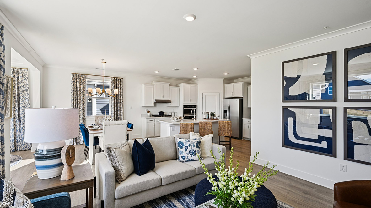 The large living area overlooks the kitchen.