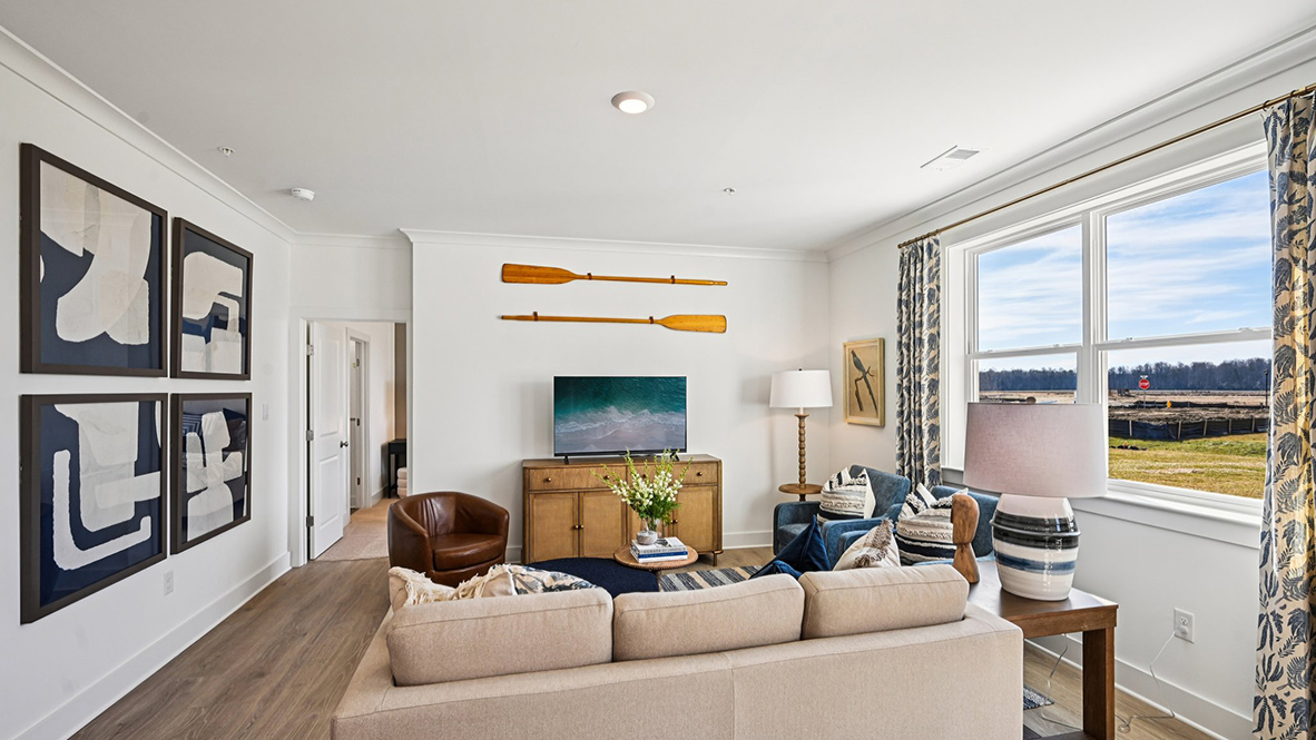 The large living area overlooks the kitchen.