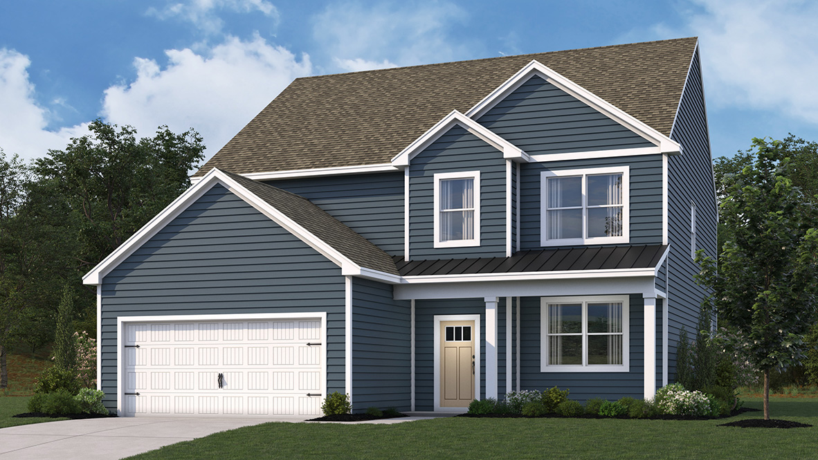 The Ellerbe Coastal B two-story home with dark blue siding.