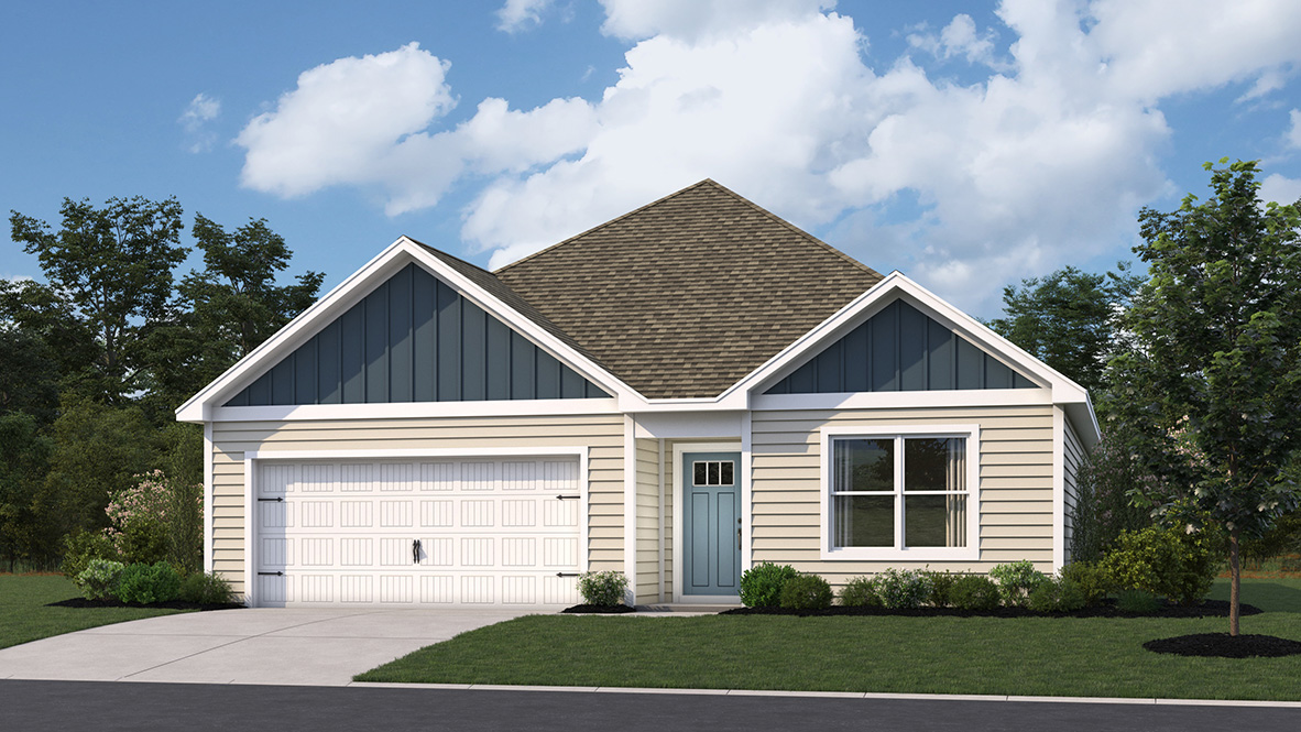 The Cali Coastal ranch home with yellow siding.