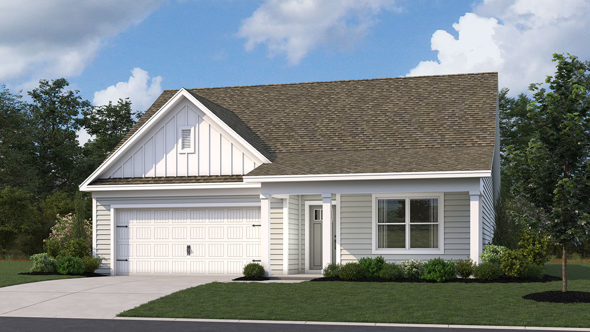 The Cali Coastal ranch home with white siding.