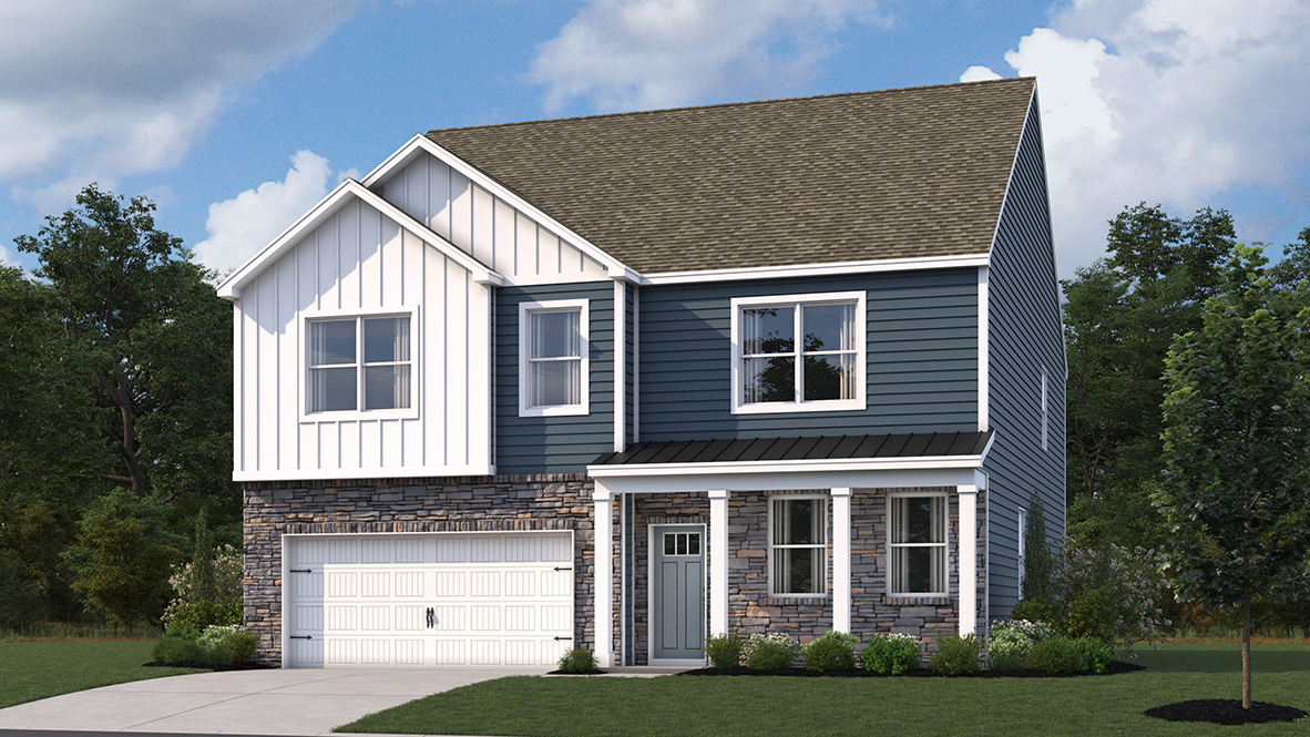 The Hanover Coastal two-story home with blue and white siding.