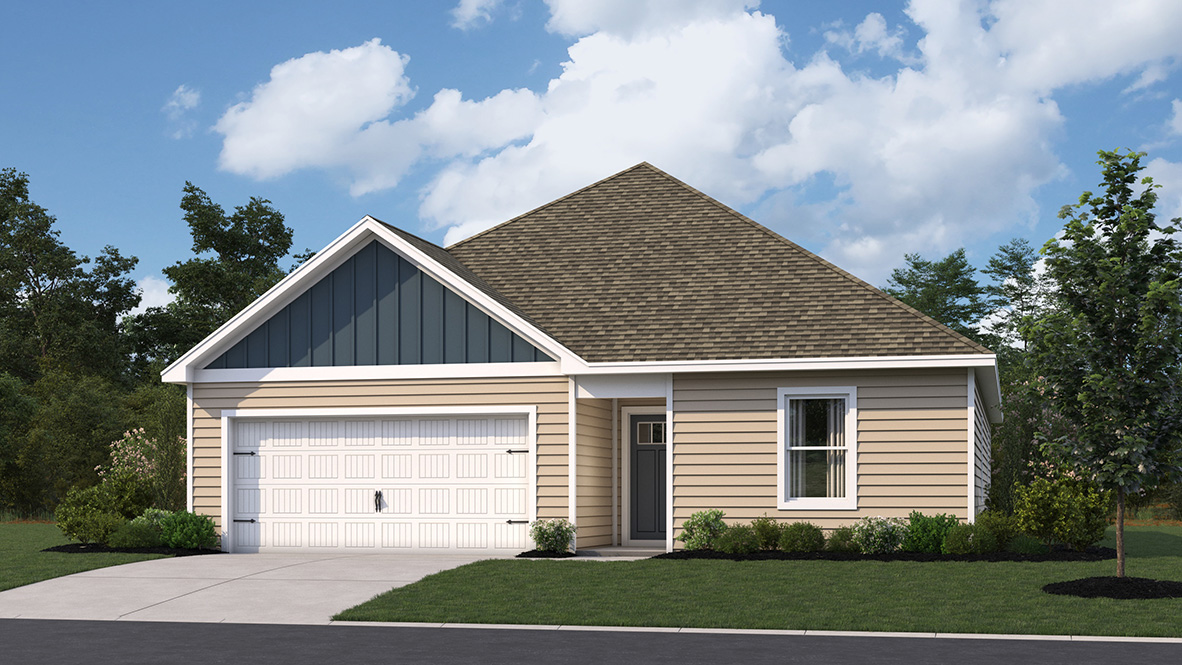 The Neuville Coastal A ranch home with tan siding.